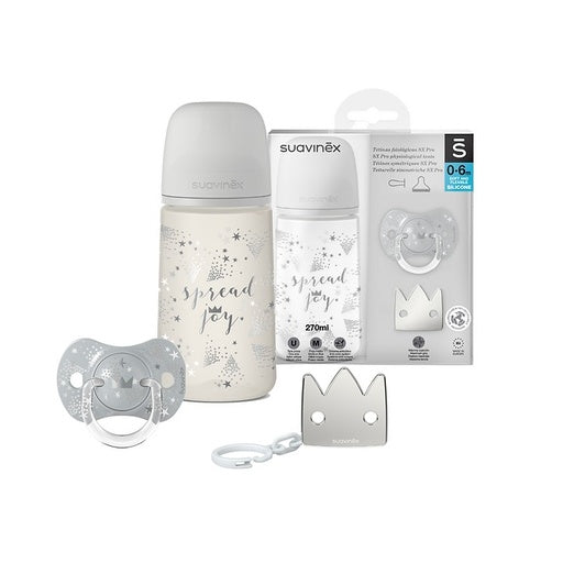 Set de biberón 270ml+broche+chupete 0-6m Joy gris