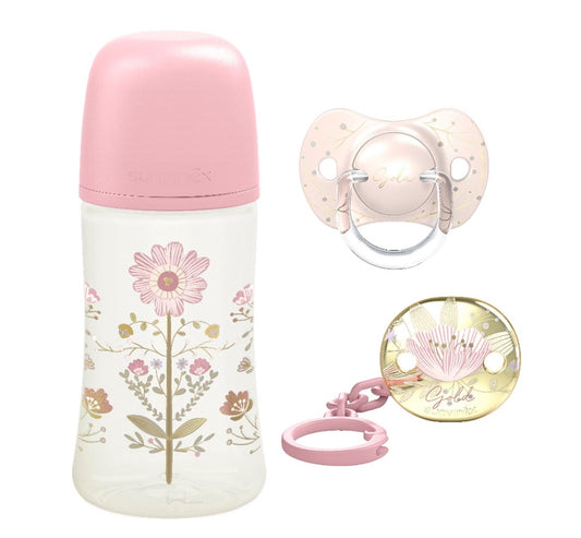 Set de biberones 270ml+broche+chupete dorado