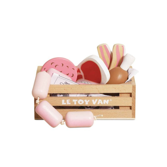 Caja de madera con cárnicos (le toy van)