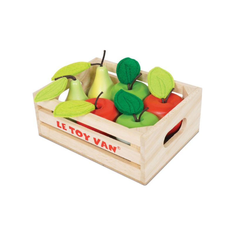 Caja de madera con manzanas y peras (le toy van)